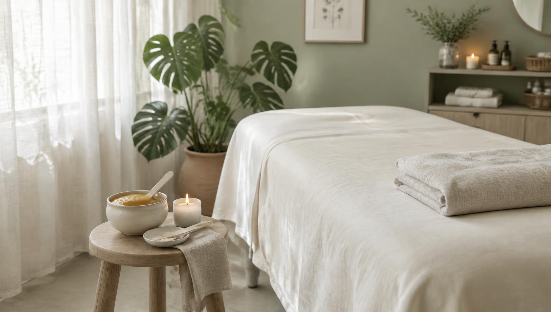 A calm waxing studio with a treatment bed, plants, candle and soft wax